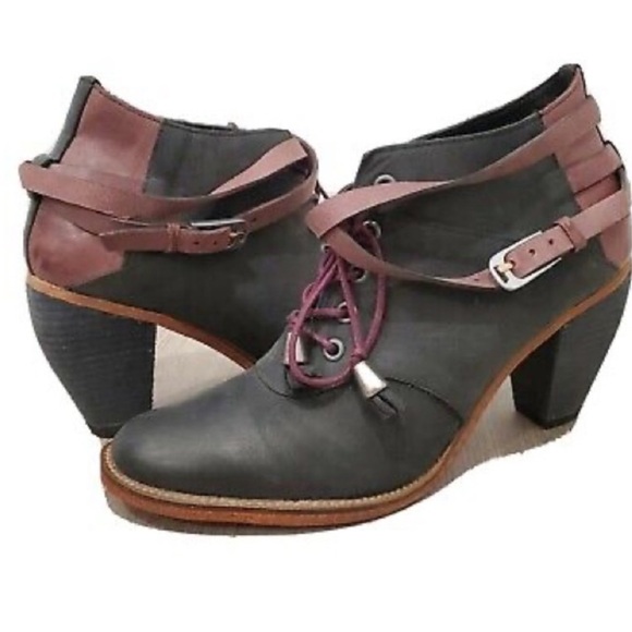 J Shoes Anthropologie Black Ankle Wrap Around Carson Mauve Leather Boots 8.5 - Picture 2 of 13